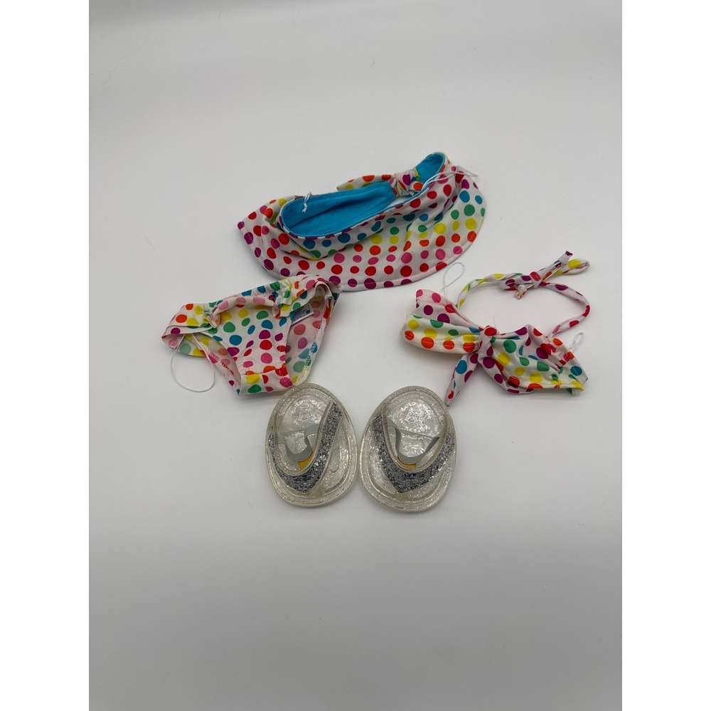BUILD A BEAR POLKA DOT BIKINI BATHING SUIT OUTFIT & GLITER JELLY FLIP FLOPS